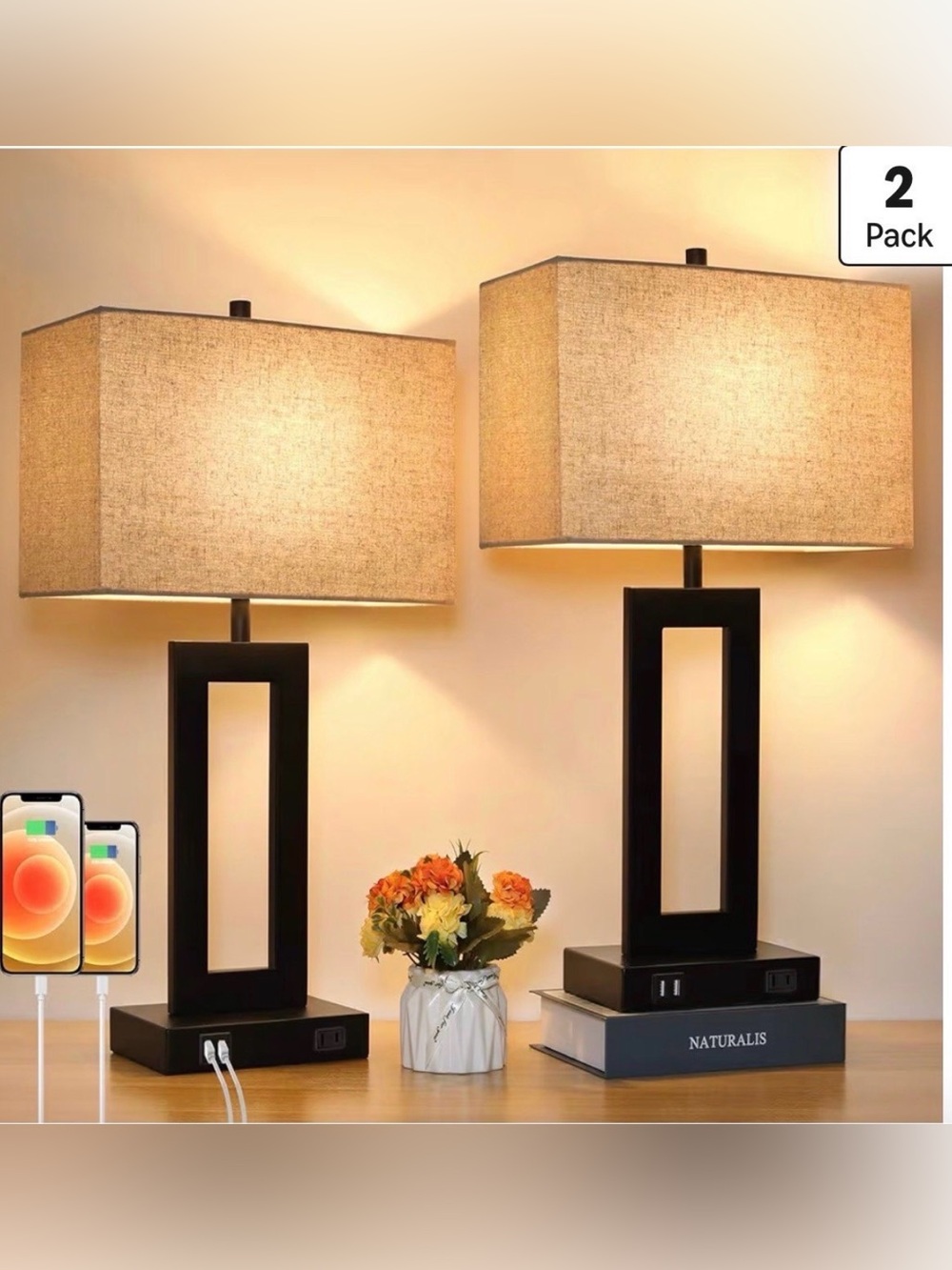 Set of 2 Touch Control Table Lamp with 2 USB Ports